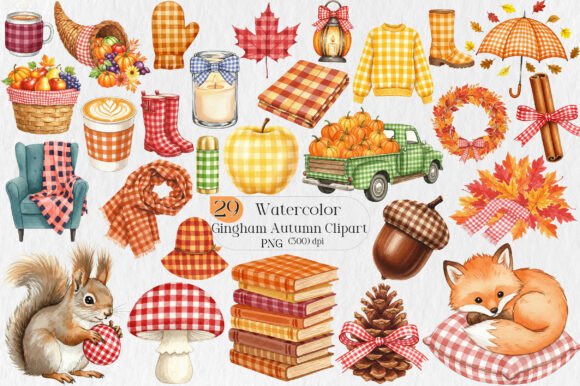 Embrace Autumn's Charm with Gingham Autumn PNG Clipart