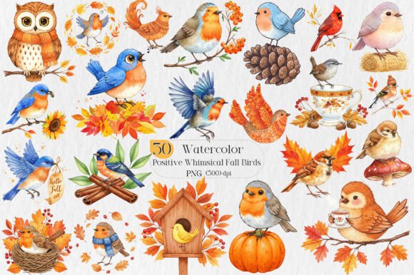 Embrace Autumn's Charm with Whimsical Fall Birds Clipart