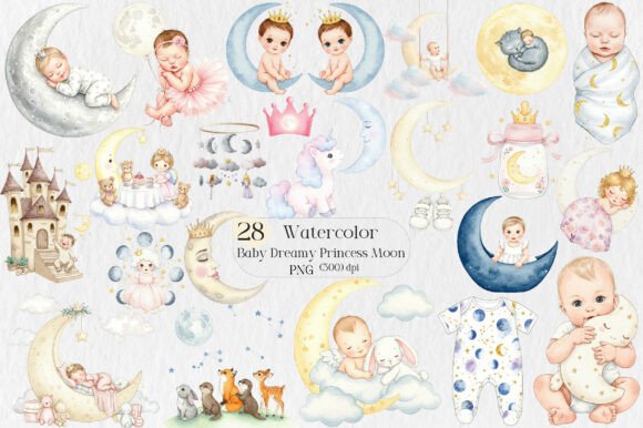 Enchanting Watercolor Baby Dreamy Princess Moon PNGs for Creative Projects