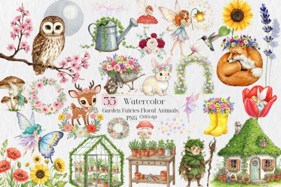 Enchanting Watercolor Garden Fairies & Floral Animals Art