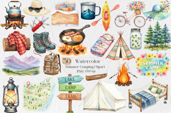 Summer Camping Clipart PNG Bundle: Essential Outdoor Design Assets
