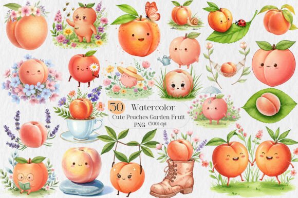 Watercolor Cute Peaches Garden Fruit: Fresh Design Assets