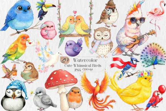Watercolor Cute Whimsical Birds Clipart for Creative Projects