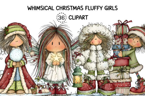 Whimsical Christmas Fluffy Girls Clipart for Festive Designs